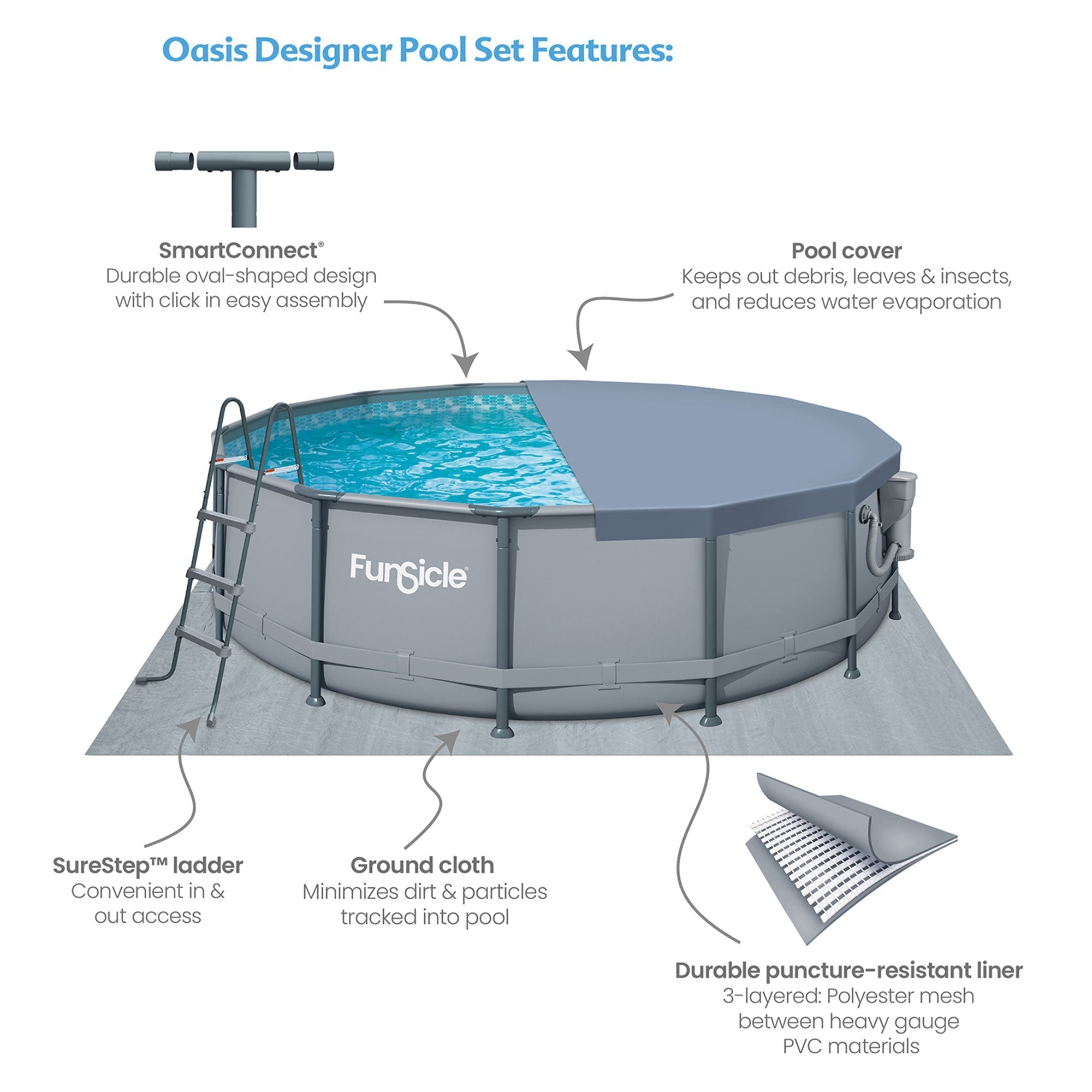 Marcy Funsicle 14' x 42" Oasis Outdoor Round Frame Above Ground Swimming Pool, Gray - 308890