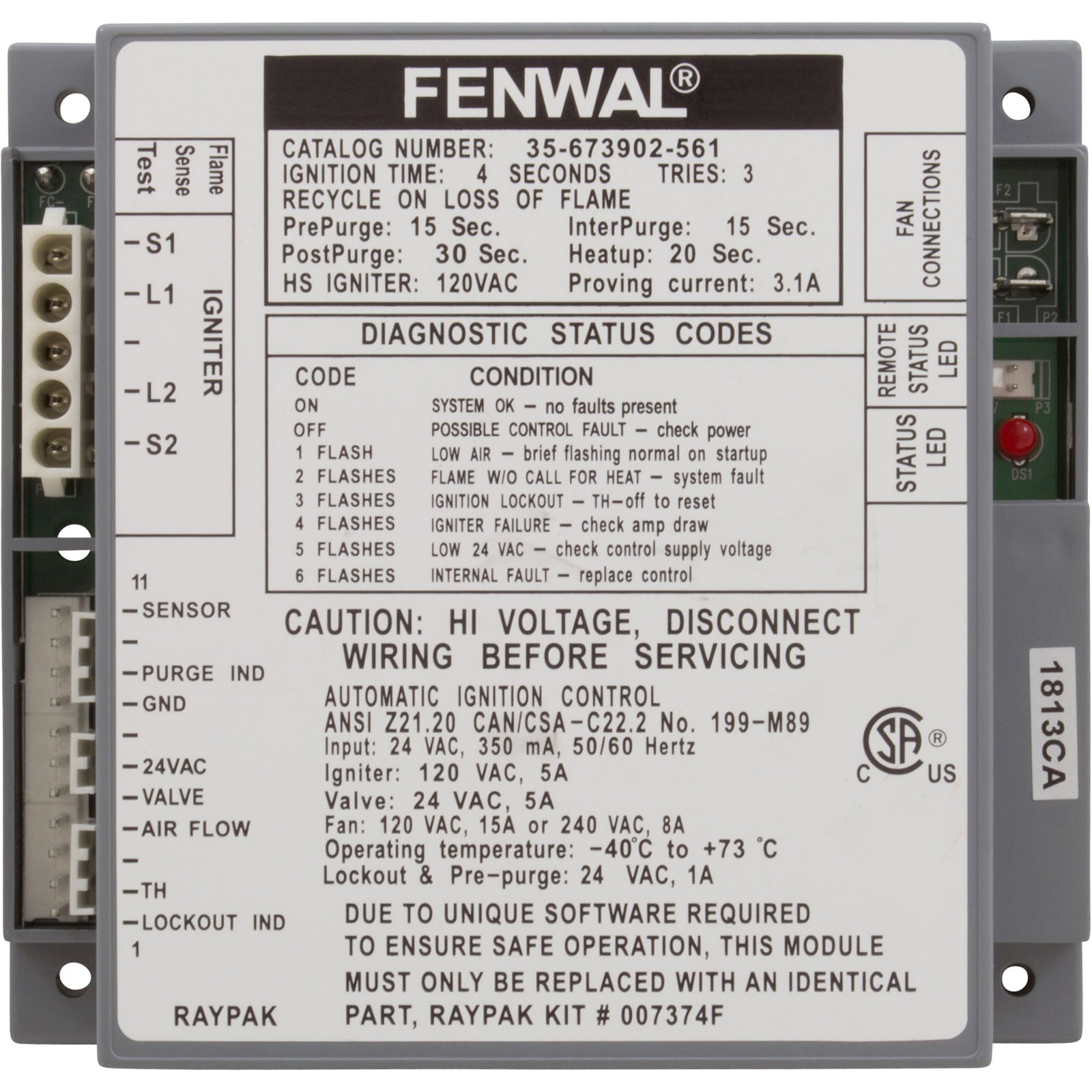Ignition Control, Raypak Hi Delta 302A/B - 902A/B  - 007374F