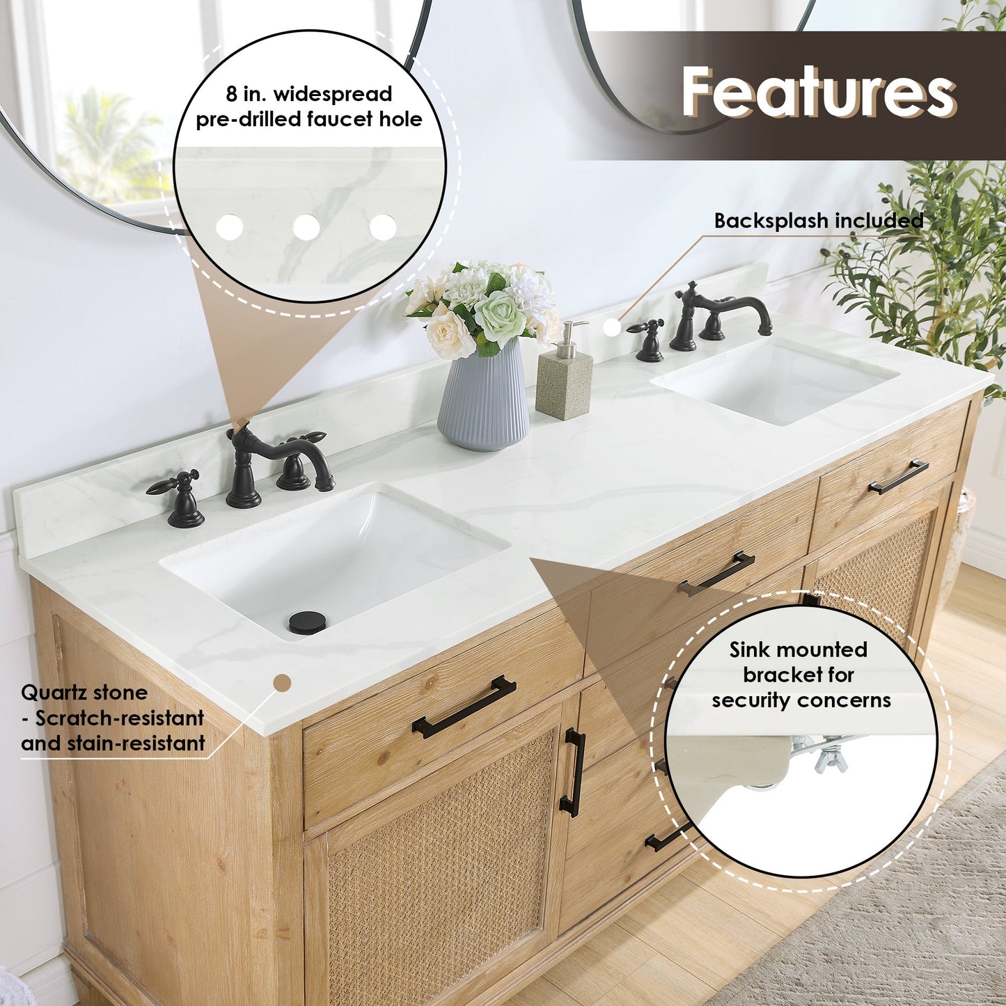 Altair Designs Solana 72" double vanity with top - 560072-WF-CWQ-NM
