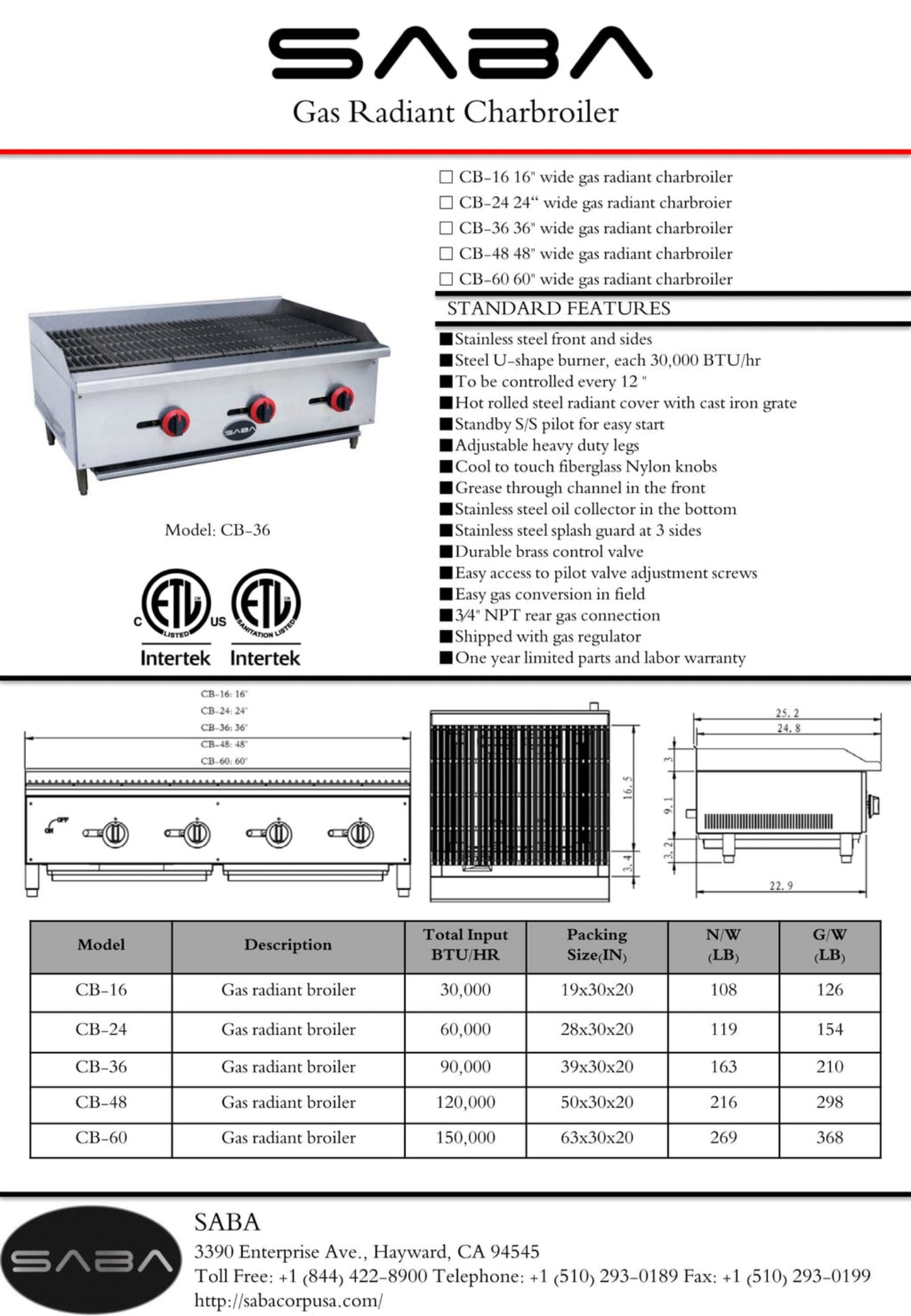 SABA  Commercial Gas Radiant Broiler - CB-24