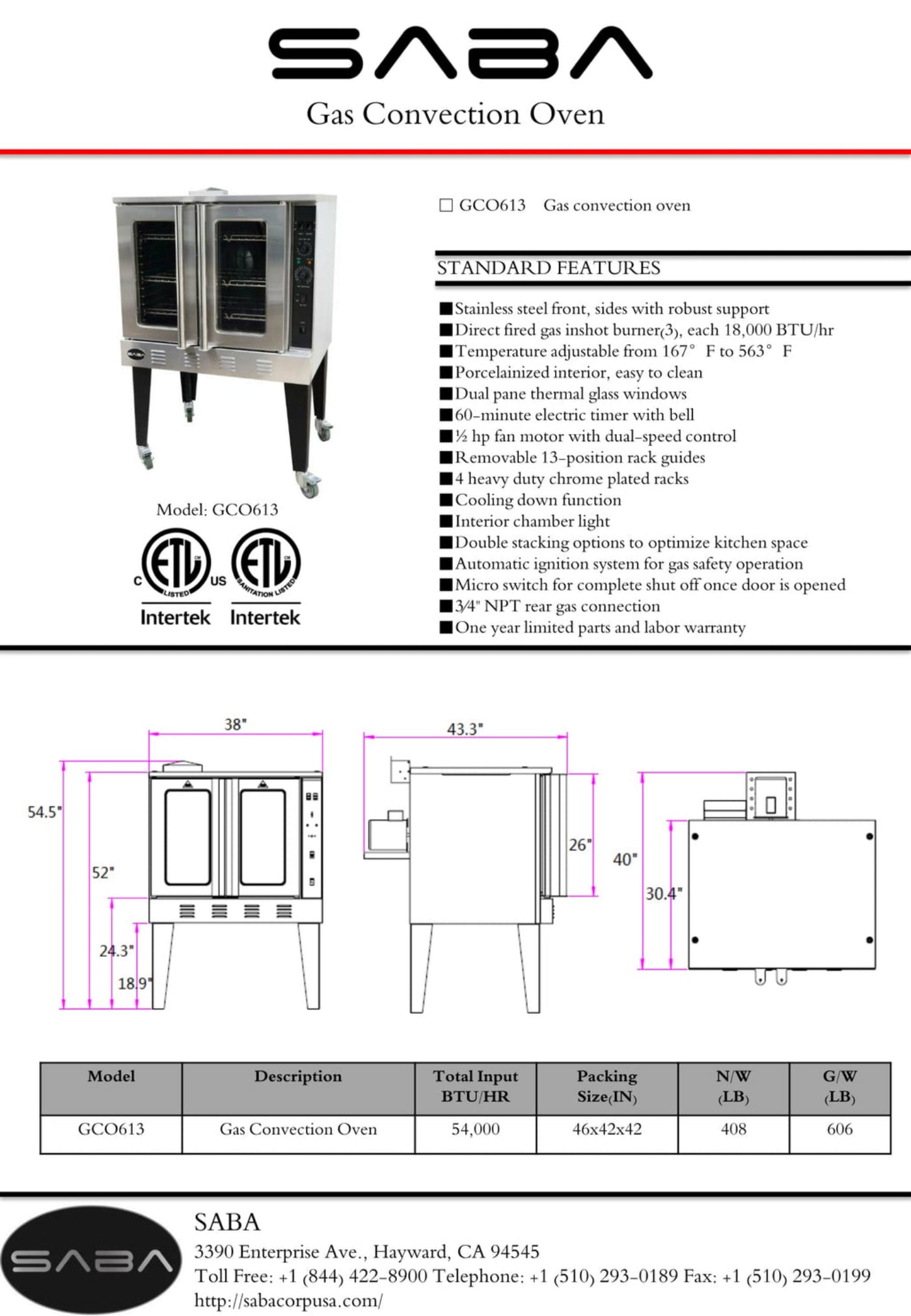SABA  Gas Convection Oven (Natural Gas / Propane) - GCO-613