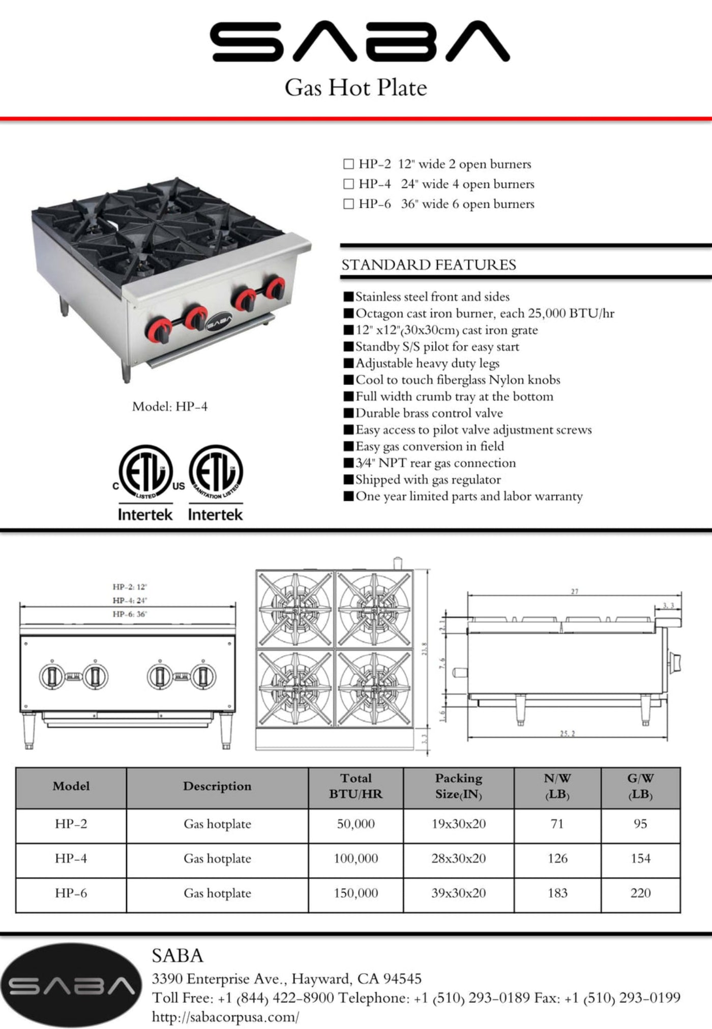 SABA Commercial Gas Hotplate Cooker - HP-6
