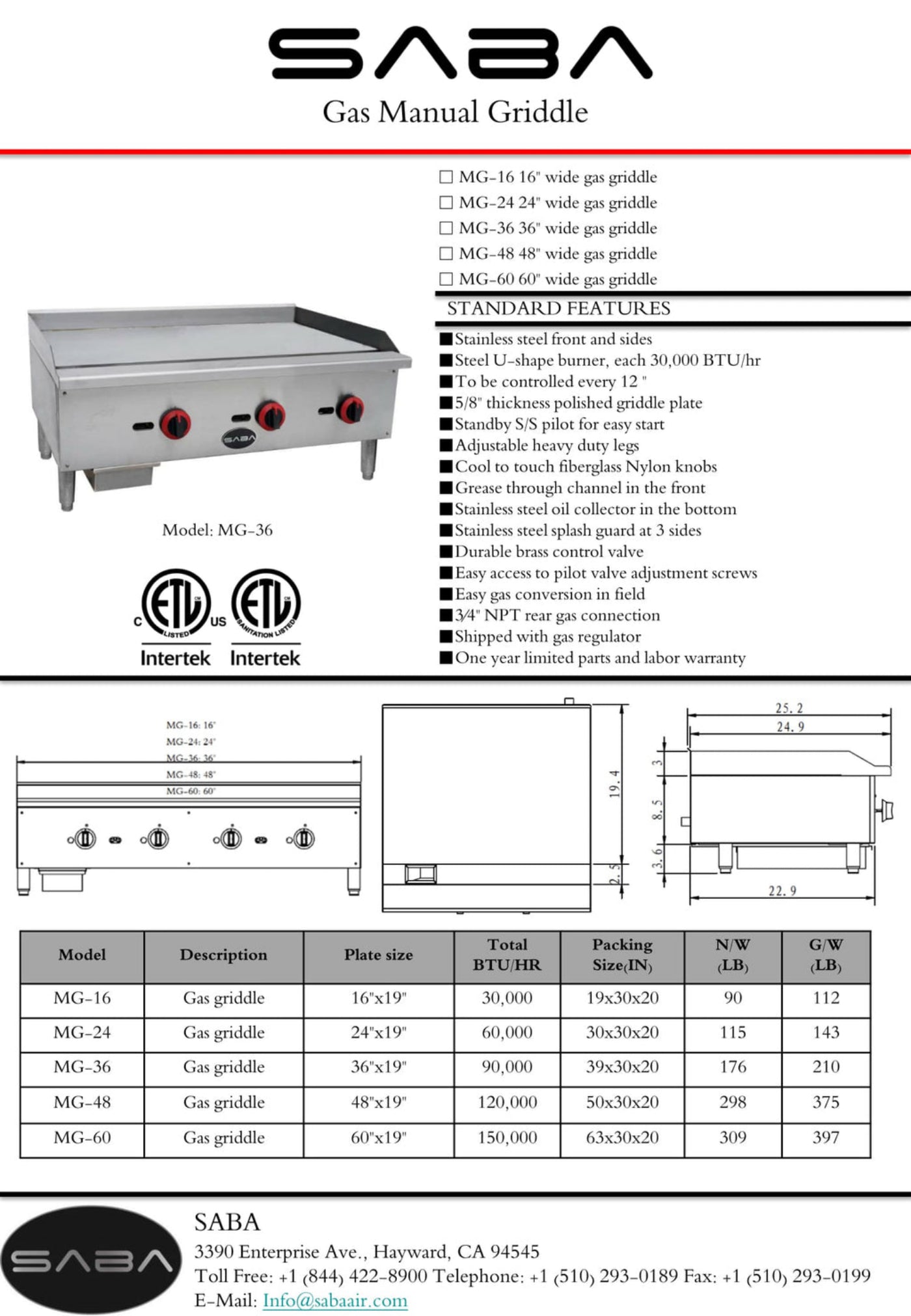 SABA  - Commercial Manual Griddle - MG-24